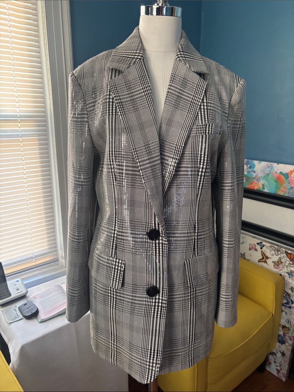 GREY LAB Gray Plaid Sequin-Trim Single-Breasted Blazer